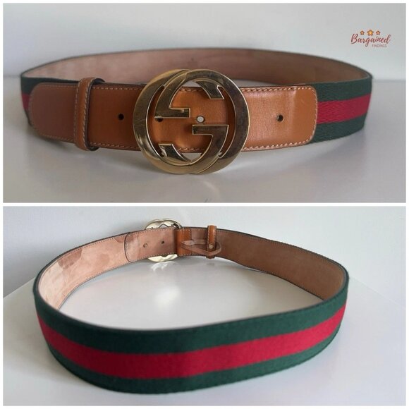 Authentic Gucci Red/Green Web Leather Gold Interlocking G Buckle Belt 90/36 - Picture 7 of 13